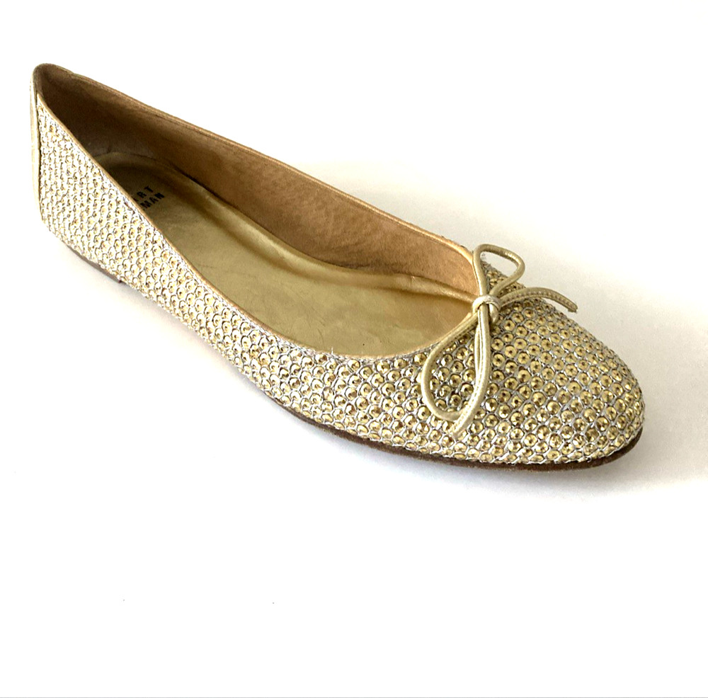 Stuart Weitzman Casino Ballet Flat Gold Sequin Bow Round Toe Slip On Leather 9 M